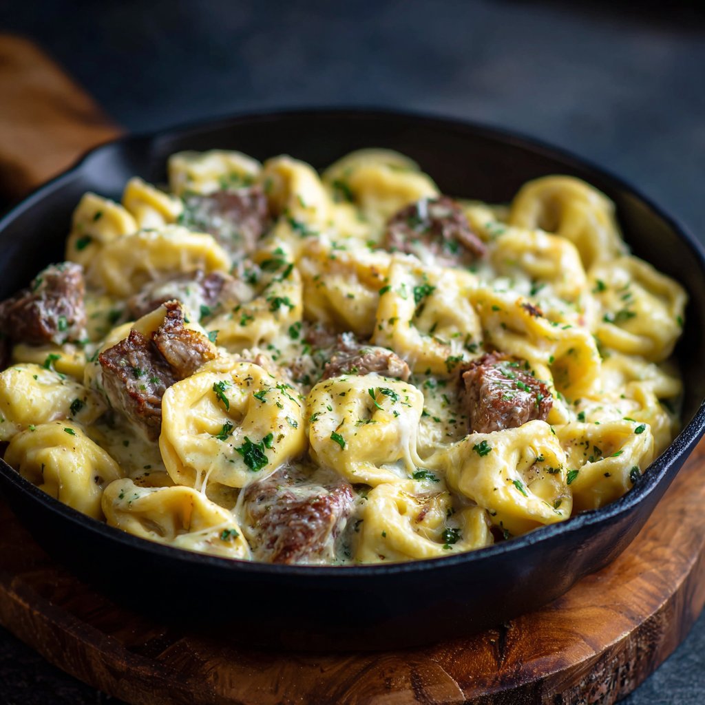 One Pot Garlic Parmesan Steak Tortellini