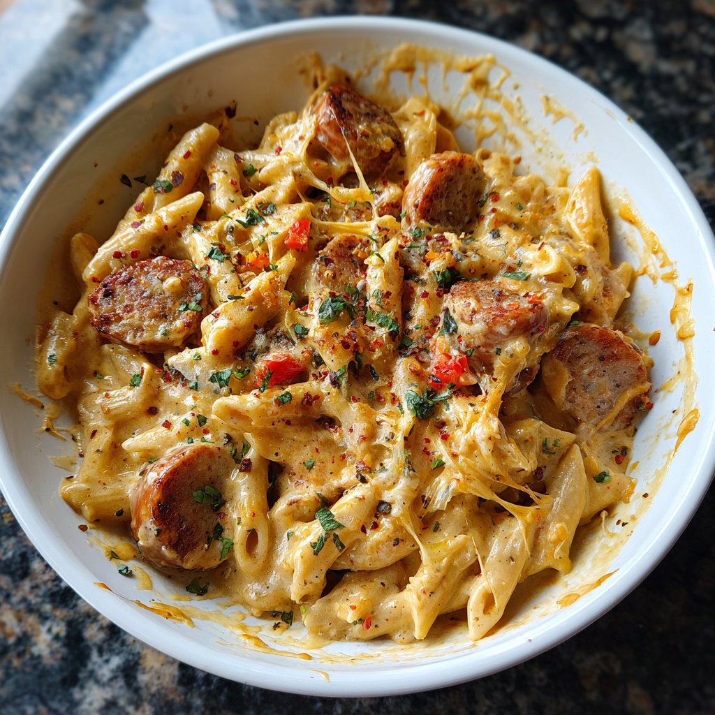 One Pot Creamy Cajun Sausage Pasta with Cheddar